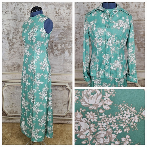 Vintage Dresses & Skirts - Vintage 1970s M Maxi Dress & Jacket Green Floral Mod Vintage VTG 70s Sleeveless